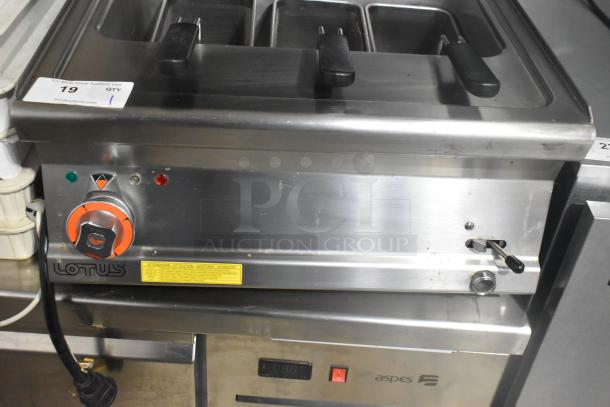 2022 Lotus CPT-66ET stainless steel electric pasta cooker with 3 baskets, voltage 380-415V. Includes dial controls.