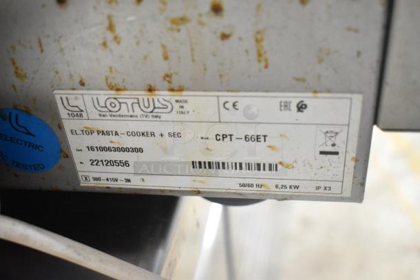 2022 Lotus CPT-66ET stainless steel commercial pasta cooker, model label showing specs and power requirements, slightly worn.