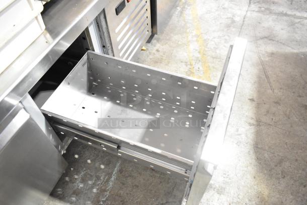 Aspes stainless steel 2-door undercounter cooler, commercial grade, 120/208V, 1 phase, perforated interior drawers visible.