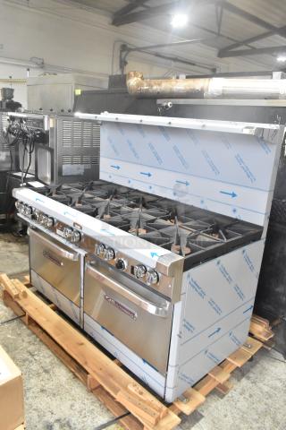 BRAND NEW Southbend 4601DD stainless steel 10 burner range with 2 ovens, over shelf, backsplash; 45,000 BTU; scratch and dent.