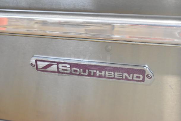 Southbend 4601DD stainless steel range logo detail, highlighting brand and build. 2021 model, commercial use, 45,000 BTU.