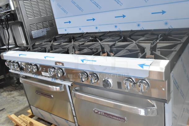 Brand new Southbend 4601DD commercial gas range, 10 burners, 2 ovens, over shelf, 45,000 BTU, stainless steel.