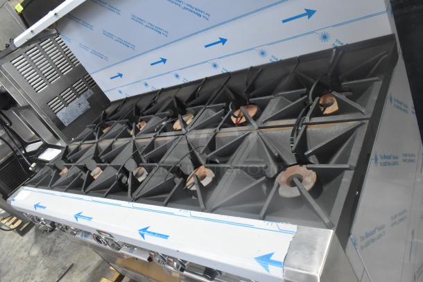 Brand new Southbend 4601DD stainless steel 10-burner gas range with dual ovens, overshelf, and backsplash, 45,000 BTU.