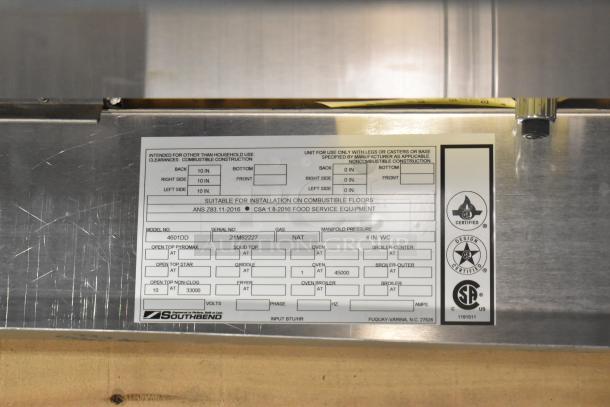 Southbend 4601DD commercial range label showing model, serial number, gas type, and certification marks.