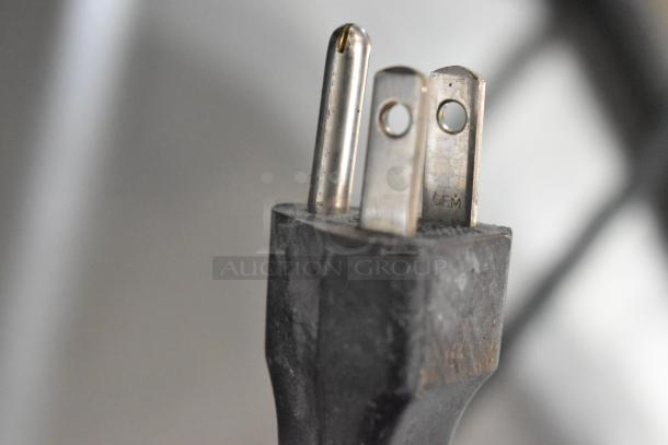 The image shows a close-up of a three-pronged electrical plug.