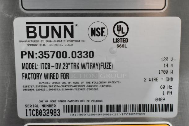 Bunn ITCB-DV iced tea machine label, showing model, serial number ITCB032983, 120V, NSF and UL listed, stainless steel.