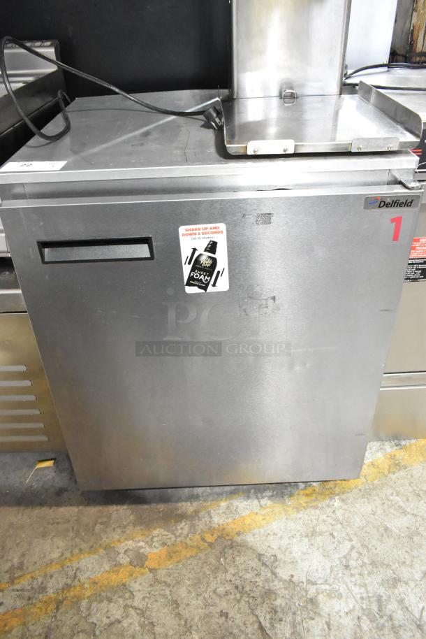 Delfield 406CA-DD1 stainless steel single door undercounter cooler, commercial use, 115 volts, 1 phase, with logo and sticker.
