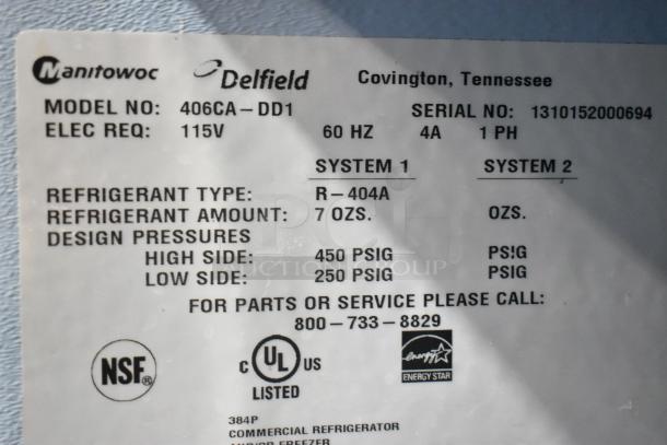 Delfield 406CA-DD1 cooler label showing model, electrical requirements, refrigerant type, and design pressures.