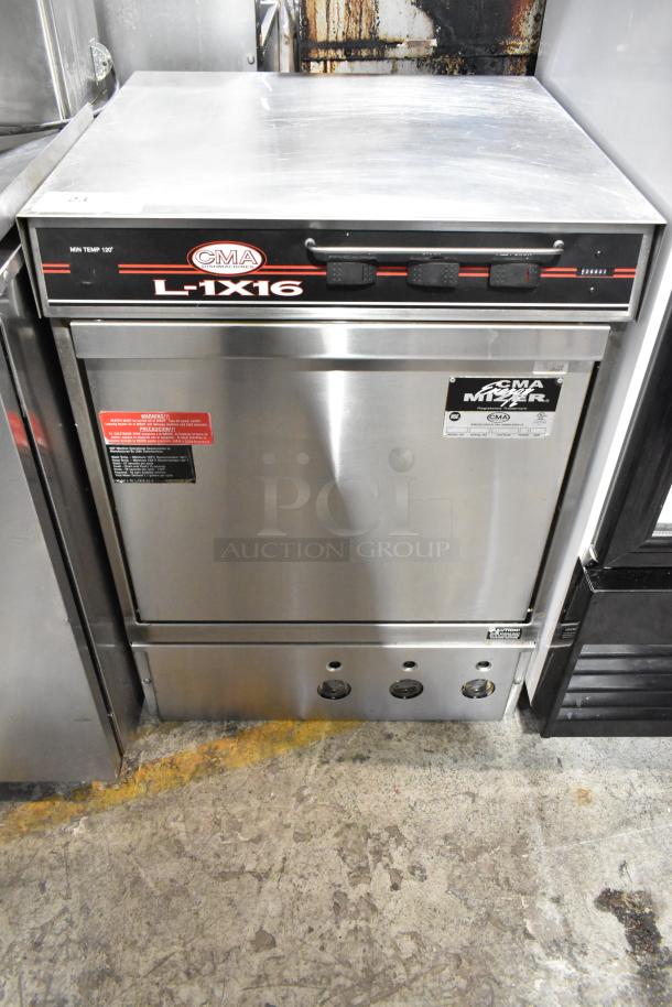 CMA L-1X16 stainless steel commercial undercounter dishwasher, 115 volts, 1 phase. Features visible control panel and warning labels.