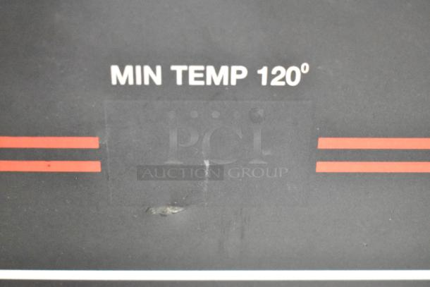 Stainless steel CMA L-1X16 commercial undercounter dishwasher. Features display reading "MIN TEMP 120°". 115 Volts, 1 phase.