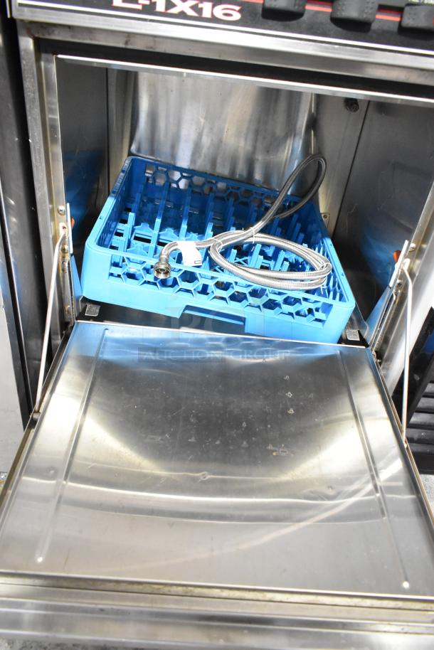 CMA L-1X16 stainless steel undercounter dishwasher, featuring blue rack and stainless interior. 115V, 1 phase.