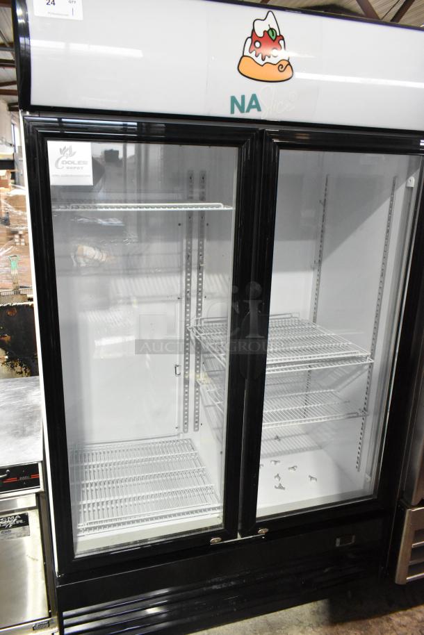 Cooler Depot LG-1000BF commercial 2-door reach-in cooler with poly-coated racks. Features metal frame, glass doors, and 115V power.