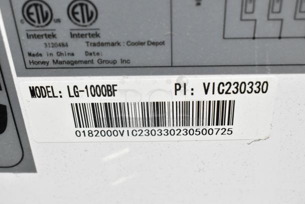 Cooler Depot LG-1000BF label, displaying model and PI number. Made in China by Honey Management Group Inc.