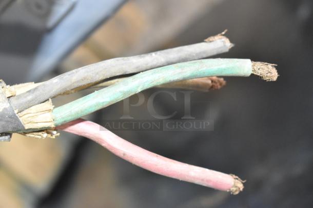 Close-up image of exposed electrical wires within a Hobart HF 270 Dough Mixer. Features black, green, and red wires. Condition suggests inspection needed.