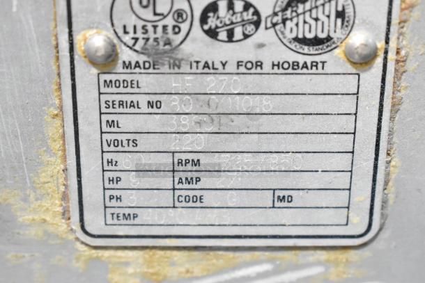 Hobart HF 270 dough mixer label showing specifications; 220 volts, 3 phase, 9 HP, 1725/850 RPM. Made in Italy.