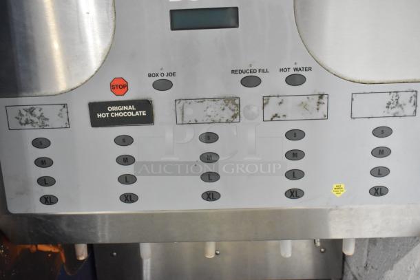 Bunn stainless steel commercial cappuccino machine with control panel buttons for various sizes and options. 120/208-240 volts.