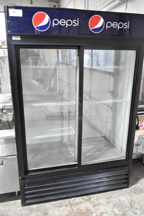 Beverage Air MT45 commercial 2-door cooler with Pepsi branding, poly-coated racks, 115 volts, metal frame.