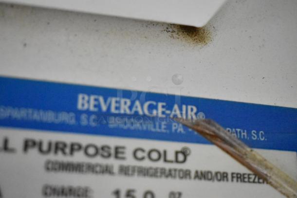 Close-up of Beverage Air MT45 label, indicating commercial cooler model details and location information.