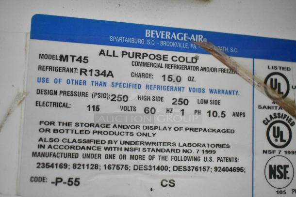 Beverage Air MT45 commercial cooler label detailing model, refrigerant type, electrical specifications, and UL/NSF certifications.