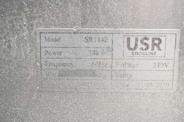 Label on USR Cookline SR114E fryer showing 240V, 14kW, 60Hz specs, manufactured on 11/09/2020.