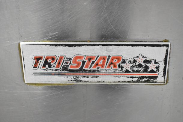 Tri-Star stainless steel commercial gas fryer with logo badge visible. Durable, includes 2 metal fry baskets.