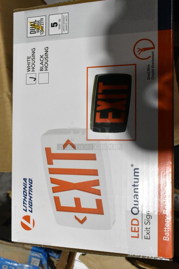 Lithonia Lighting LED Quantum Exit Sign box; white housing with emergency exit features, dual voltage, five-year warranty.