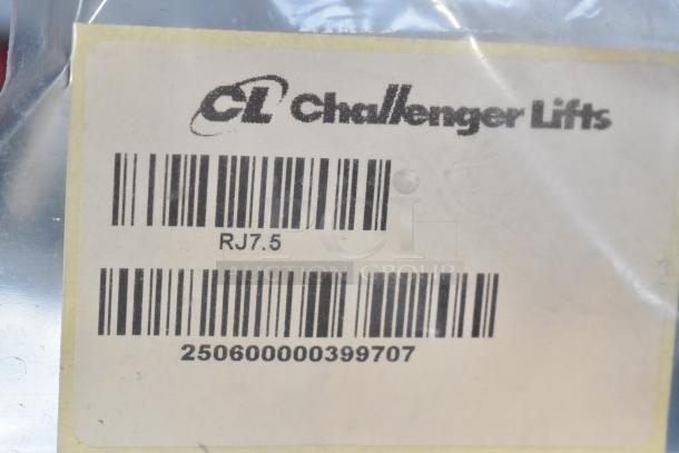 Label on a brand new Challenger Lifts CL RJ7.5 rolling jack, showing model number and barcode in packaging.