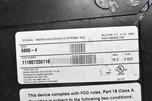 Label on Crane 5800-4 commercial vending machine, showing model, serial number 111807250116, 115V, 1 phase, UL listed.