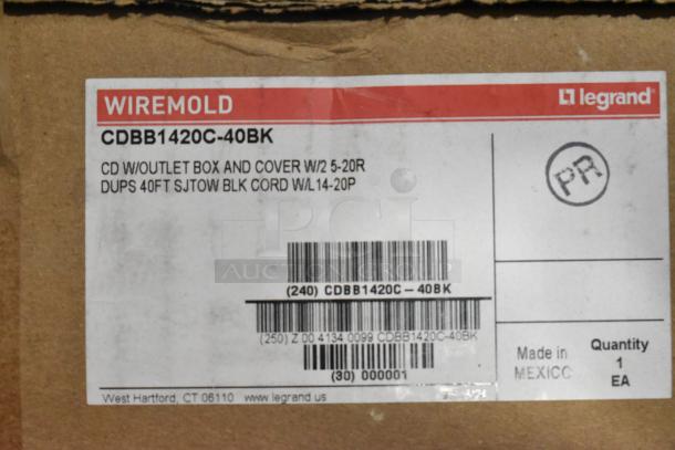 Pallet lot featuring Wiremold CDBB1420C-40BK CD with outlet box. Box label shows specs and barcode. Made in Mexico.