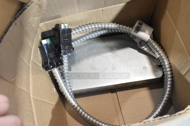 ALL ONE MONEY! Pallet lot with Wiremold CDBB1420C-40BK CD, outlet box, corrugated wires in cardboard box.