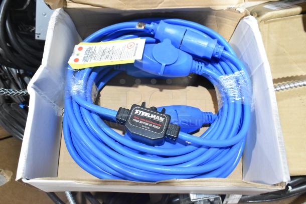 Blue Steelman power cord with push-button circuit breaker in a box, featuring labels and wrapped packaging.