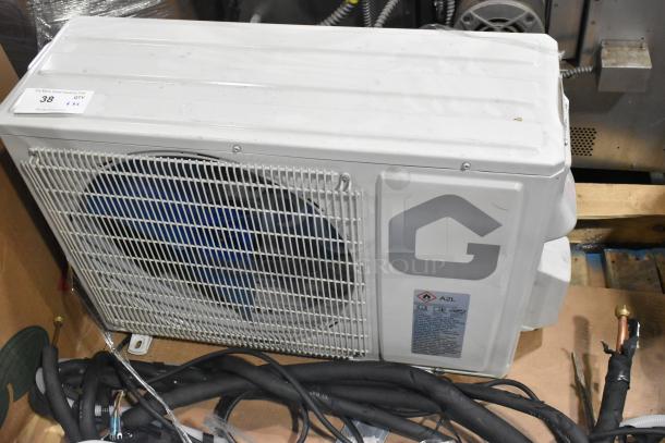 2025 Garvee SAC18-2-S19 outdoor unit, 18,000 BTU, 208/230V, 1 phase. Gray casing, visible model label, cables included.