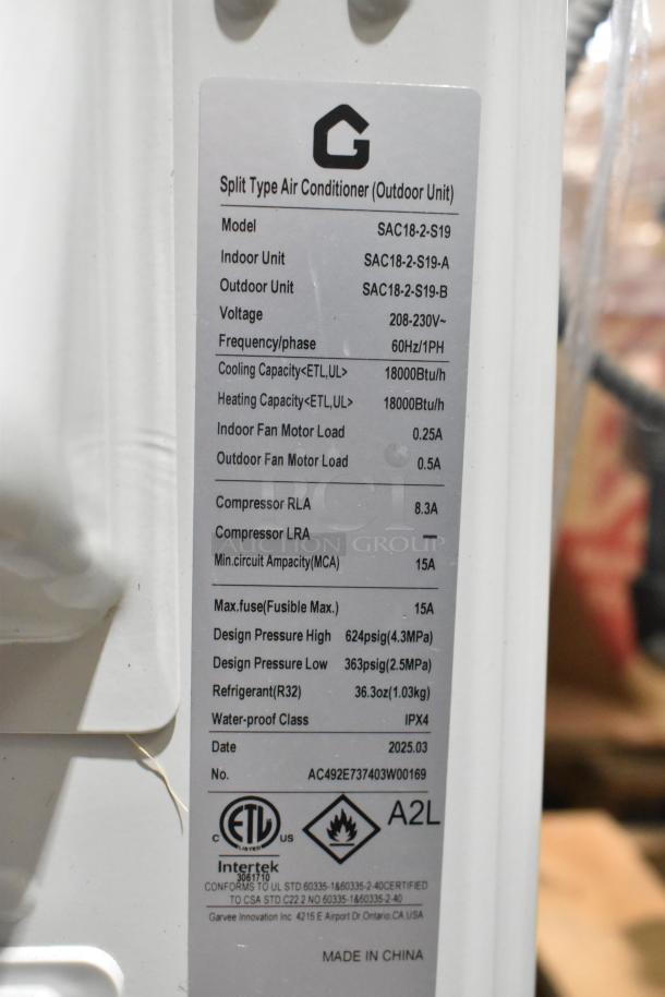 2025 Garvee SAC18-2-S19 Split Type AC Outdoor Unit label showing model, voltage, 18,000 BTU capacity, ETL certification.