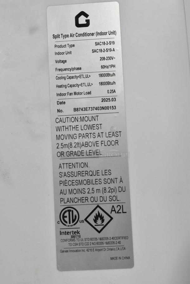 2025 Garvee SAC18-2-S19 Air Conditioning Unit, 18,000 BTU, 208-230V, 1 Phase. Label shows model and safety instructions.