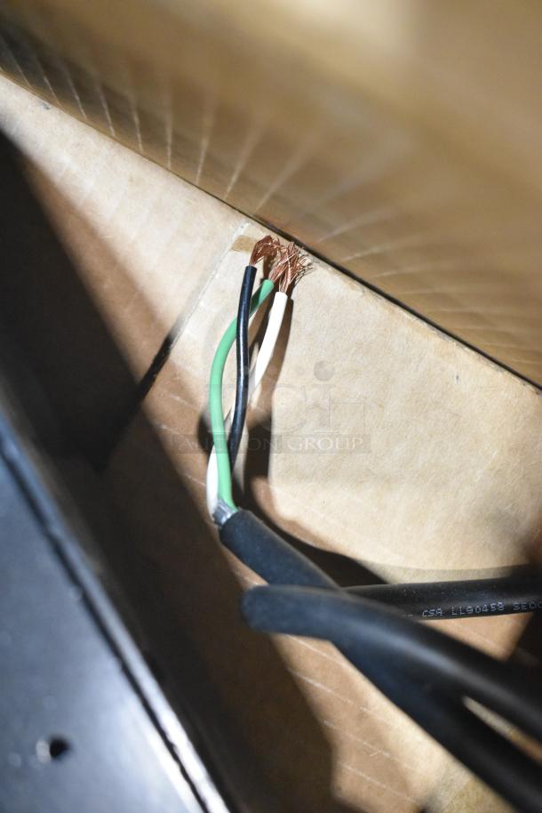 8 General Electric light fixtures, Current Evolve LED series, showcasing exposed wiring, indicating new condition.