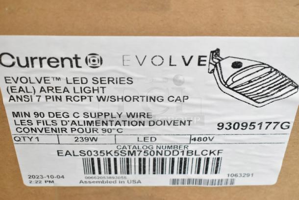 Current Evolve LED Series Area Light, 239W, 480V, catalog number EALS035K5SM750NDD1BLCKF, ANSI 7 pin RCPT, assembled in USA.