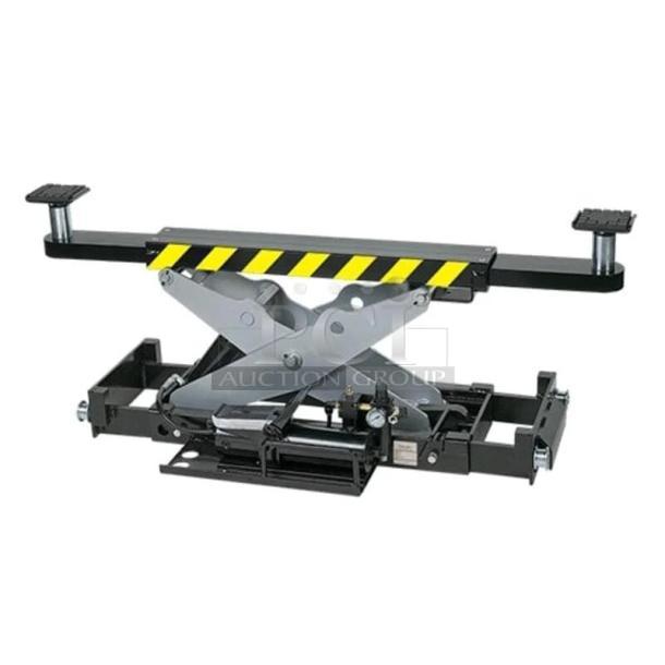 Brand new Challenger Lifts CL RJ7.5 rolling jack for 4-post car lift, in crate, hydraulic design, black and yellow finish.