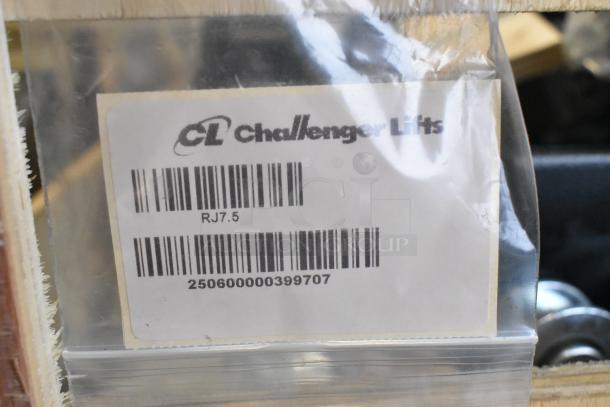 Barcoded label reading "CL Challenger Lifts RJ7.5" on a plastic bag. New Challenger Lifts CL RJ7.5 Rolling Jack for 4-post car lift.