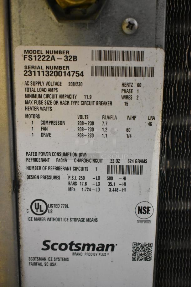 2023 Scotsman FS1222A-32B Commercial Ice Head, stainless steel, 208/230V, 1 phase, NSF certified, model and serial tags visible.