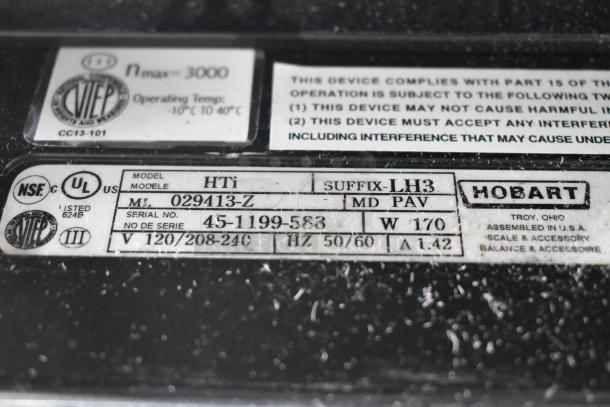 2019 Hobart HTi-LH3 metal countertop scale with label printer, 120/208-240V, tested and working. Serial number: 45-1199-583.