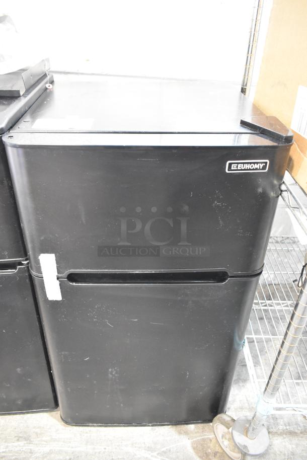 Euhomy RF-H Mini Cooler with Freezer, black, 115 volts, 1 phase. Minor surface marks, brand label visible.