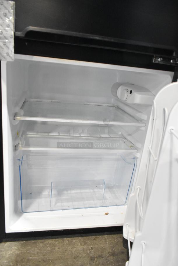 Euhomy RF-H mini cooler with freezer, 115V, 1 phase, open door view showing wire shelves and clear crisper drawer.