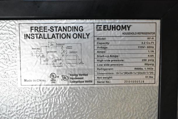 Euhomy RF-H Mini Cooler with Freezer, 3.2 Cu.Ft., 115V, 1.1A, R600a refrigerant, serial number 2004000528.
