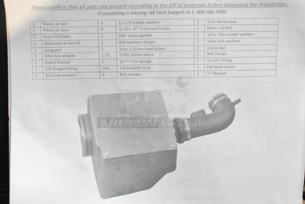 Volant Closed Box Air Intake System with plastic air box, Pro5 5119 filter, aluminum lid; includes installation parts list.