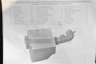 Volant Closed Box Air Intake System with plastic air box, Pro5 5119 filter, aluminum lid; includes installation parts list.