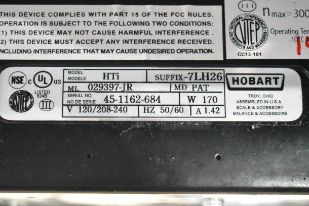 2017 Hobart HTi-7LH26 metal countertop scale with label printer, missing plate, 120/208-240V, tested and working.