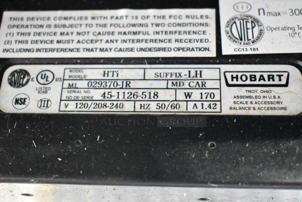 Hobart HTi-LH metal countertop scale label, missing plate, 120/208-240 volts, 1 phase, unable to test due to missing power cord.
