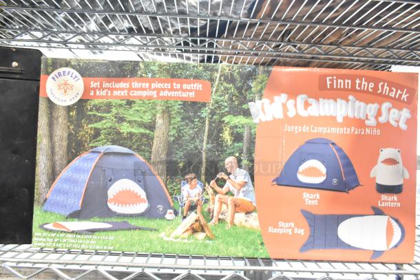 ALL ONE MONEY! Tier Lot featuring a Husky black metal toolbox, assorted tools, records, and a Firefly kid's camping set with shark-themed tent, sleeping bag, and lantern.