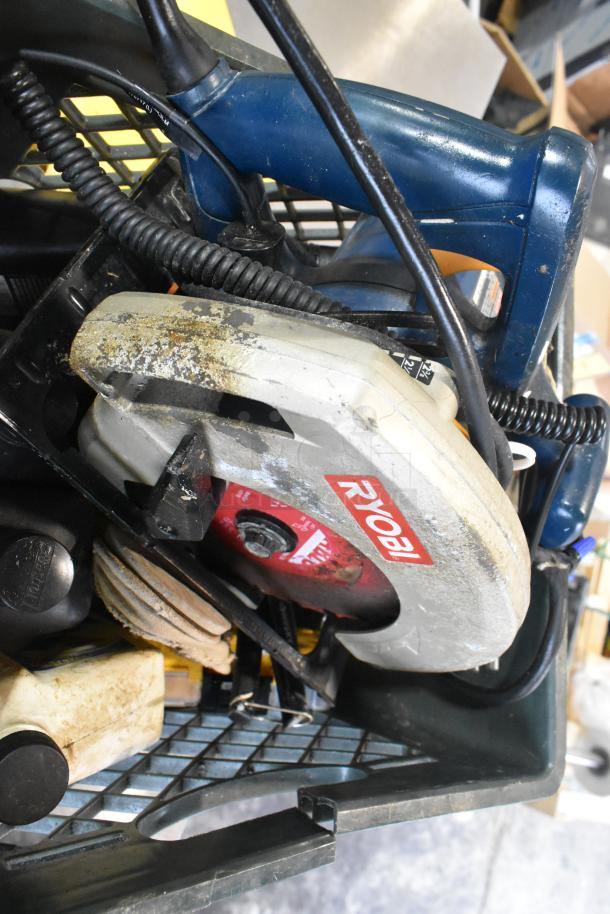 Tiered lot featuring a used Ryobi saw, ropes, BerneApparel and Carhartt overalls, showcasing a variety of items.