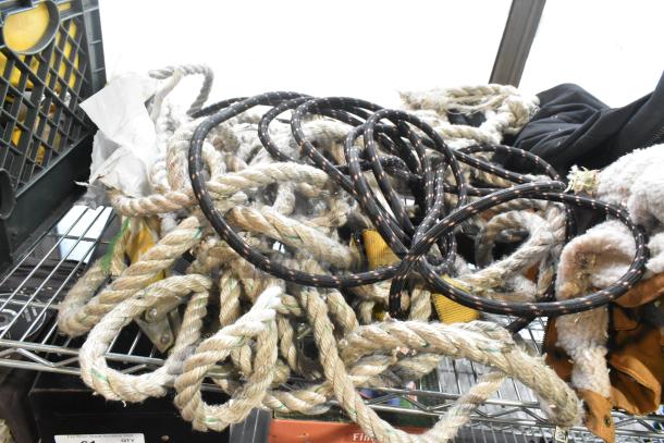 Tier lot featuring ropes, Ryobi saw, Berne Apparel overalls, and Carhartt overalls on metal shelving.